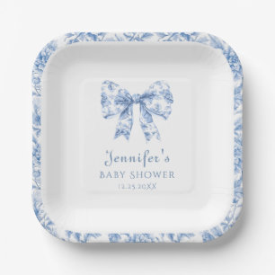 Blue Porcelain Bow Floral Toile Baby Boy Dusche Pappteller
