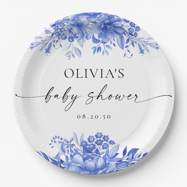 Blue Porcelain Floral Baby Dusche Pappteller (Vorderseite)