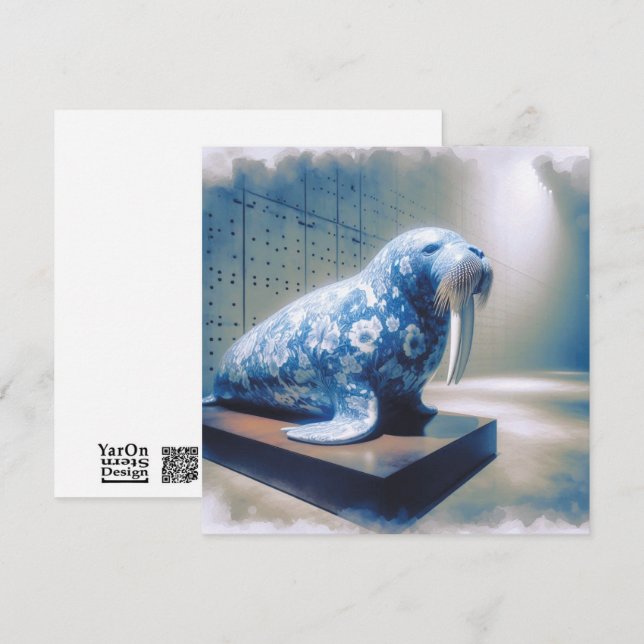 Blue Porcelain Walrus Grußkarte Mitteilungskarte (Vorne/Hinten)
