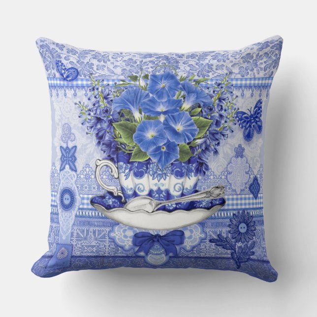 Blue Porzellan Cup and Blume Throw Kissen (Vorderseite)