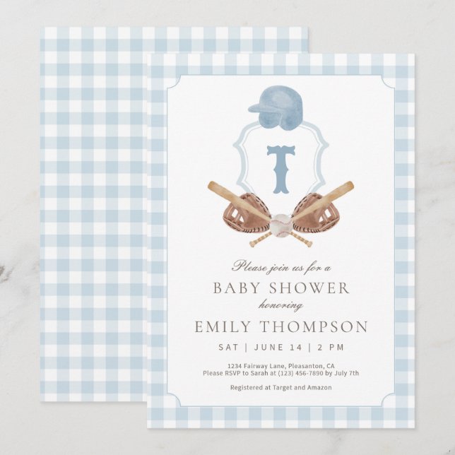 Blue Preppy Baseball Crest Baby Shower Invitation Dankeskarte (Vorne/Hinten)