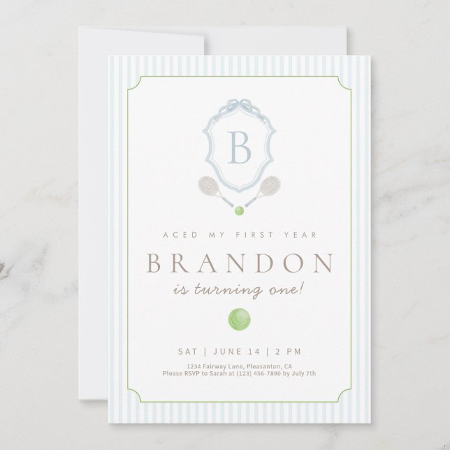 Blue Preppy Tennis Crest 1st Birthday invite Dankeskarte (Vorderseite)