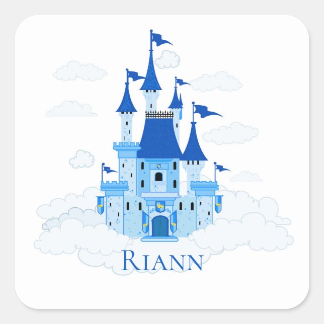 Blue Princess Castle Personalisiert Girly Quadratischer Aufkleber (Vorderseite)