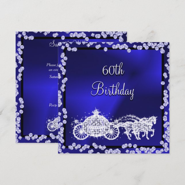 Blue Princess Coach & Horses 60. Geburtstag Einladung (Vorne/Hinten)