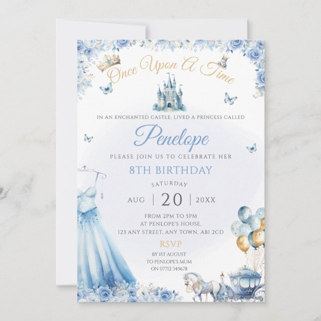 Blue Princess Dress Birthday Party Einladung (Vorderseite)