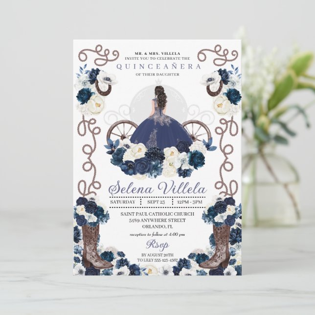 Blue Princess Dress & Boots Quinceañera Einladung (Stehend Vorderseite)