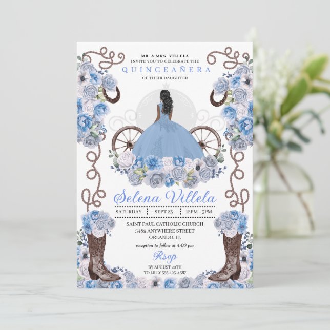 Blue Princess Dress & Boots Quinceañera Einladung (Stehend Vorderseite)