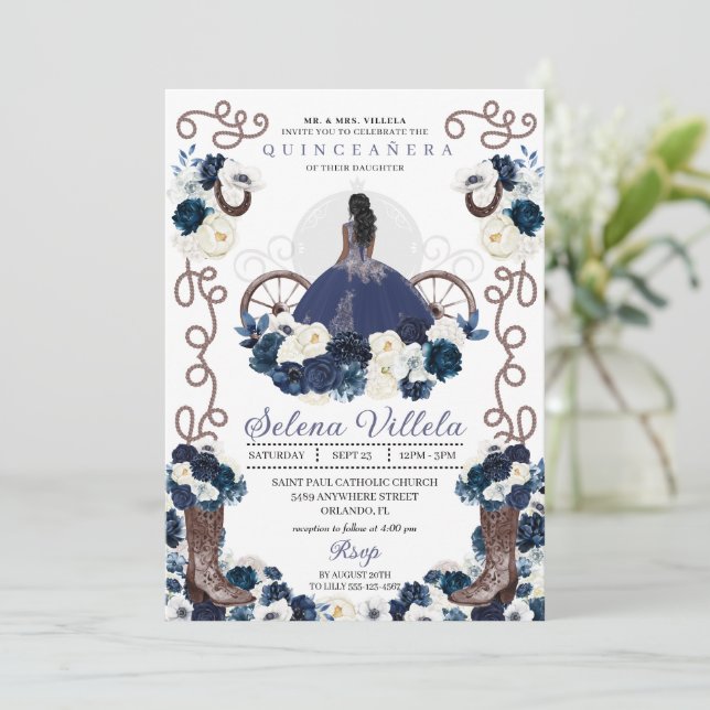 Blue Princess Dress & Boots Quinceañera Einladung (Stehend Vorderseite)