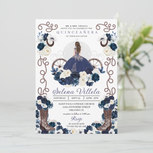 Blue Princess Dress & Boots Quinceañera Einladung (Stehend Vorderseite)