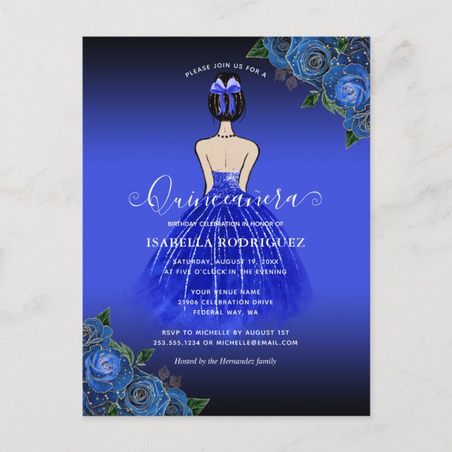 Blue Princess Gold Birthday Quinceañera Einladung Postkarte (Vorderseite)