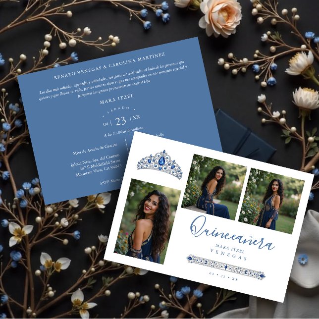 Blue Princess Quinceañera Tiara 3-Photos Spanish Einladung (Sophisticated Blue Princess Quinceañera Tiara 3-Photos Invitation Cards in Spanish.)
