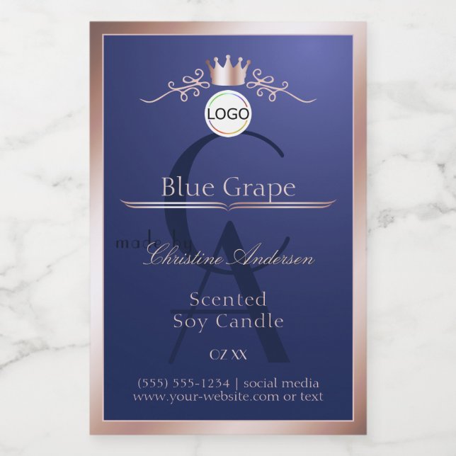 Blue Product Label Rose Gold Frame Logo Monogram Lebensmitteletikett (Einzelnes Label)