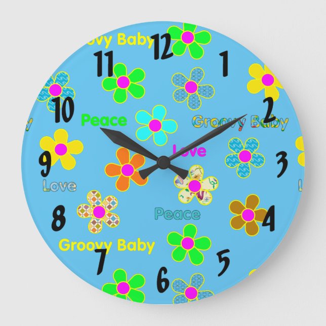 Blue Psychedelic 60s Groovy Flowers Pattern Große Wanduhr (Vorderseite)