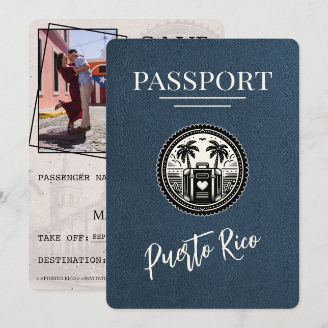 Blue Puerto Rico Passport Save The Date (Vorne/Hinten)