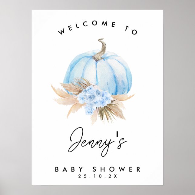Blue Pumpkin Boho Floral Boys Baby Dusche Willkomm Poster (Vorne)