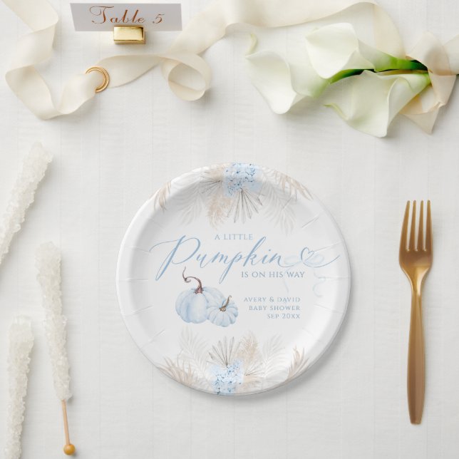 Blue Pumpkin Bow Boho Floral Boy Baby Dusche Pappteller (Hochzeit)