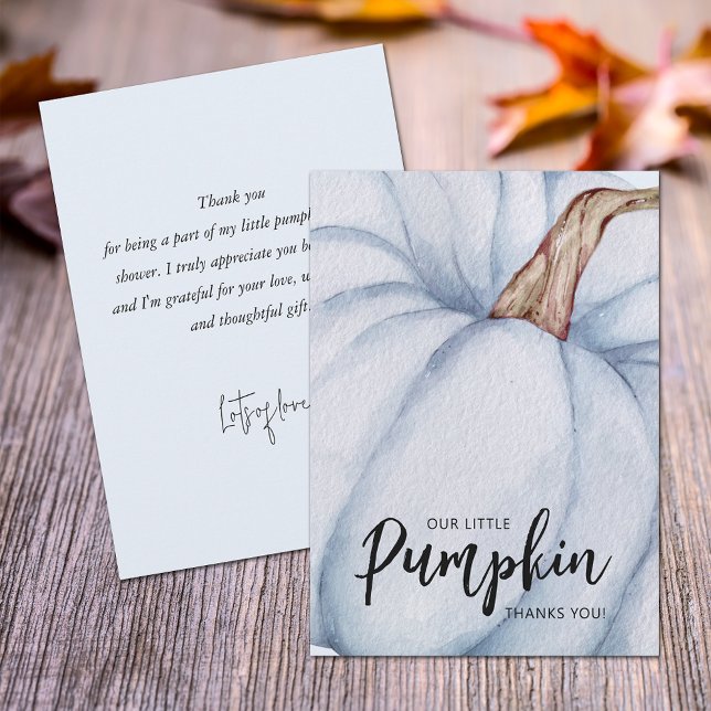 Blue Pumpkin Fall Baby Boy Dankeskarte (Blue pumpkin baby shower flat thank you cards feature your message on the back.)