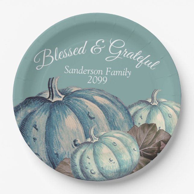 Blue Pumpkin Fall Party Dankbarkeit gesegnet Pappteller (Vorderseite)