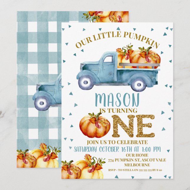 Blue Pumpkin Truck 1. Geburtstag Einladung (Vorne/Hinten)