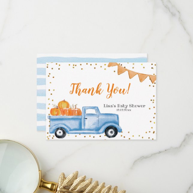 Blue Pumpkin Truck Baby Dusche Danke Karte (Vorderseite/Rückseite Beispiel)