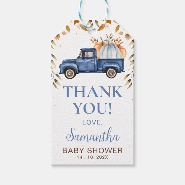 Blue Pumpkin Truck Baby Dusche Danke Tag Geschenkanhänger (Vorderseite)