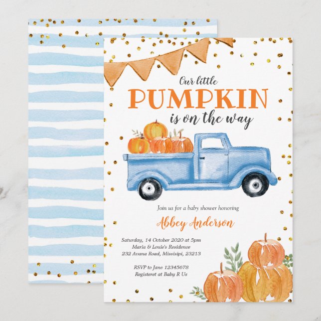 Blue Pumpkin Truck Baby Dusche Einladung (Vorne/Hinten)