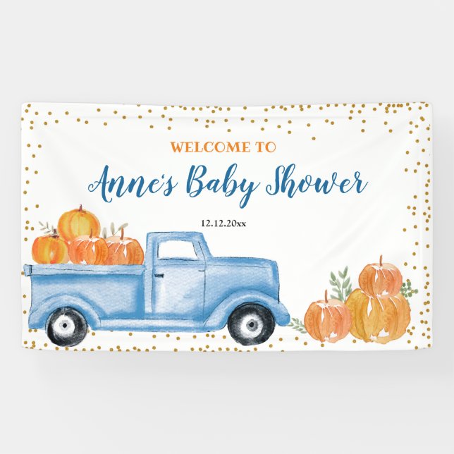 Blue Pumpkin Truck Baby Dusche Party Banner (Horizontal)