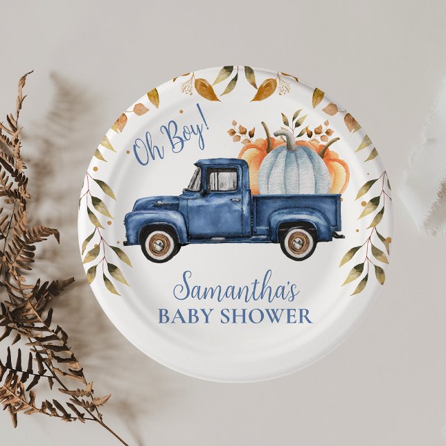 Blue Pumpkin Truck Baby Duschpapier Pappteller (Editable Blue Little Pumpkin Truck Baby Shower Paper Plate, Fall Baby Shower Napkin Boy, )
