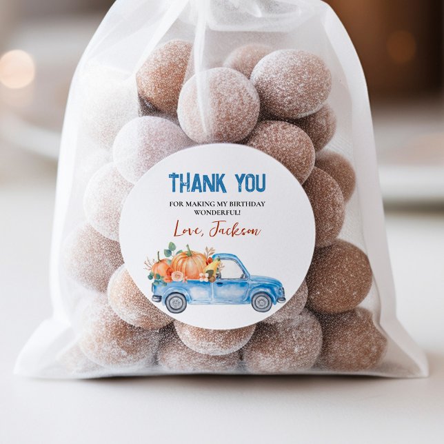 Blue Pumpkin Truck Birthday Classic Round Sticker (Von Creator hochgeladen)