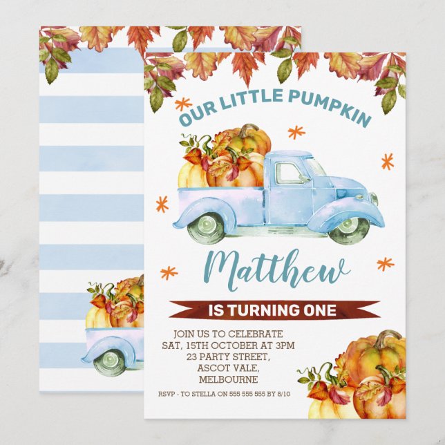 Blue Pumpkin Truck Birthday Einladung (Vorne/Hinten)
