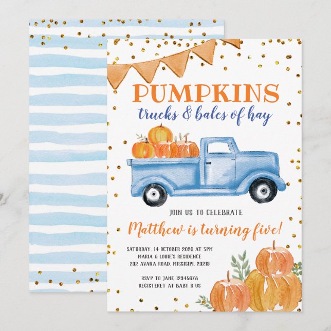 Blue Pumpkin Truck Birthday Einladung (Vorne/Hinten)