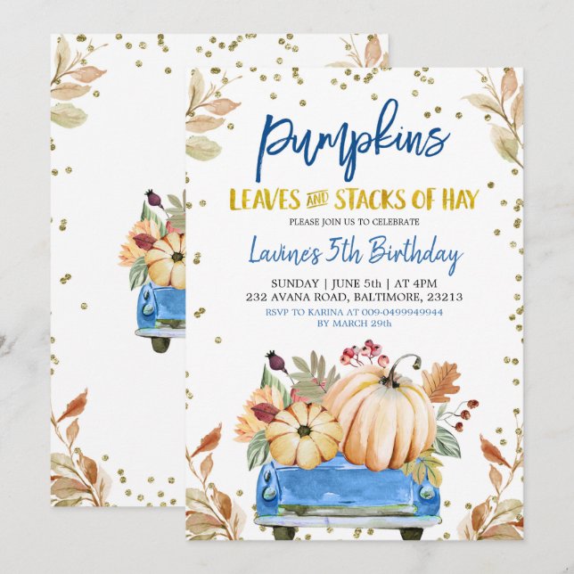 Blue Pumpkin Truck Birthday Einladung (Vorne/Hinten)