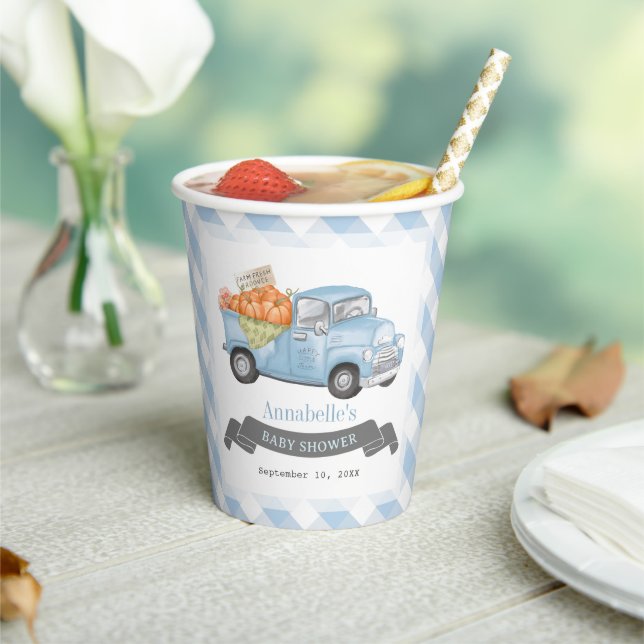 Blue Pumpkin Truck Gingham Boy Baby Dusche Pappbecher (In Situ)