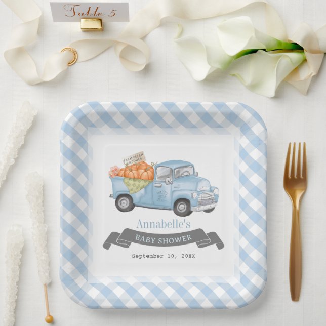 Blue Pumpkin Truck Gingham Boy Baby Dusche Pappteller (Hochzeit)
