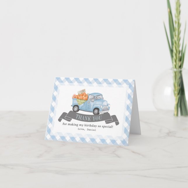 Blue Pumpkin Truck Gingham Boy Birthday Dankeskarte (Vorderseite)