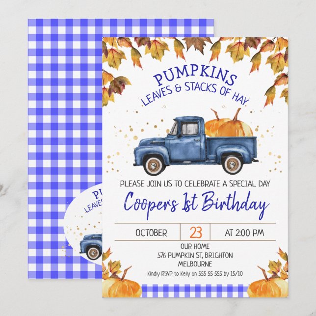 Blue Pumpkin Truck Herbstblatt Geburtstag Einladung (Vorne/Hinten)