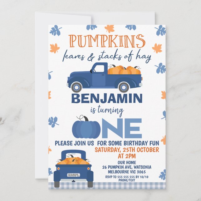 Blue Pumpkin Truck Pumpkin Blätter Hay 1. Geburtst Einladung (Vorderseite)