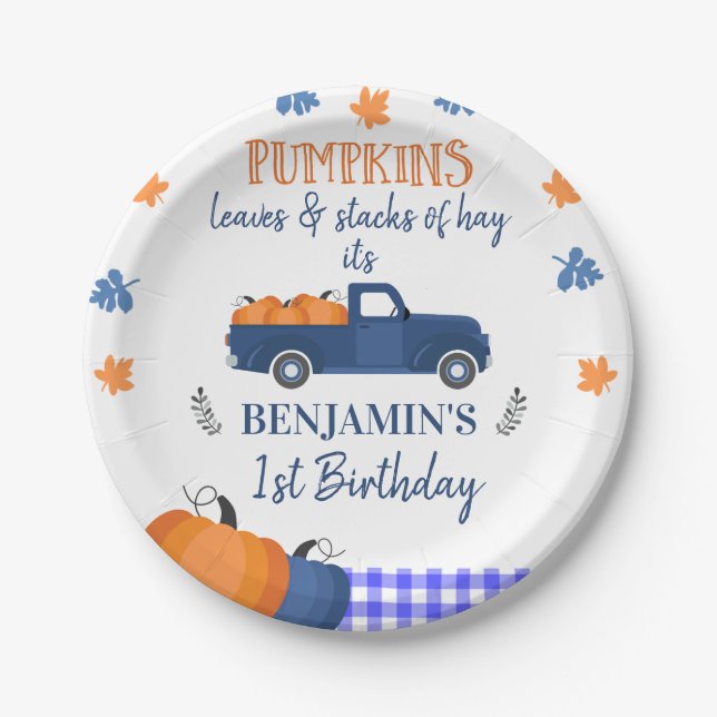 Blue Pumpkin Truck Pumpkin Blätter und Hay Birthda Pappteller (Vorderseite)