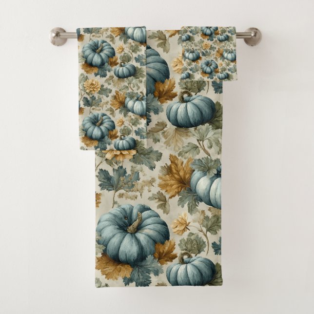 Blue Pumpkin und Autumn Leaves Fall Pattern Badhandtuch Set (Insitu)