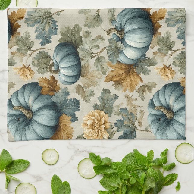 Blue Pumpkin und Autumn Leaves Fall Pattern Geschirrtuch (Gefaltet)