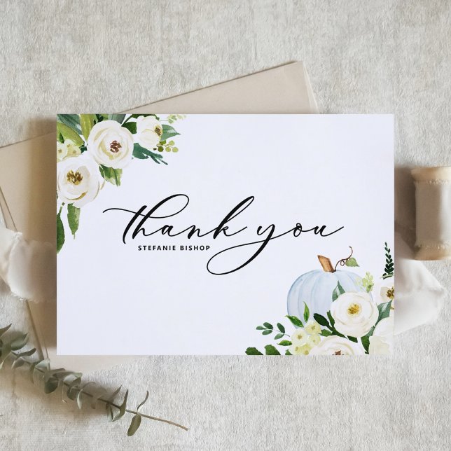 Blue Pumpkin und Greenery Autumn Baby Shower Dankeskarte (Von Creator hochgeladen)