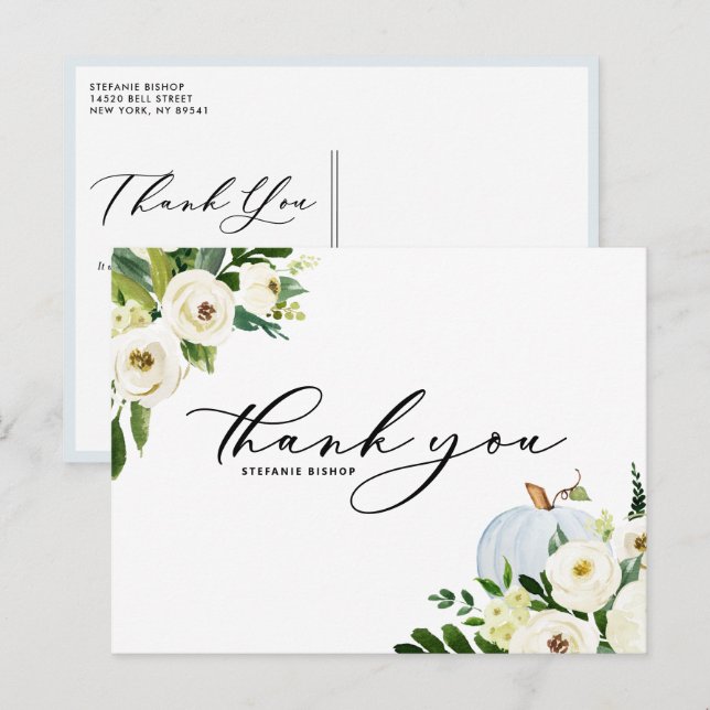 Blue Pumpkin und White Floral Abschluss Vielen Dan Postkarte (Vorne/Hinten)