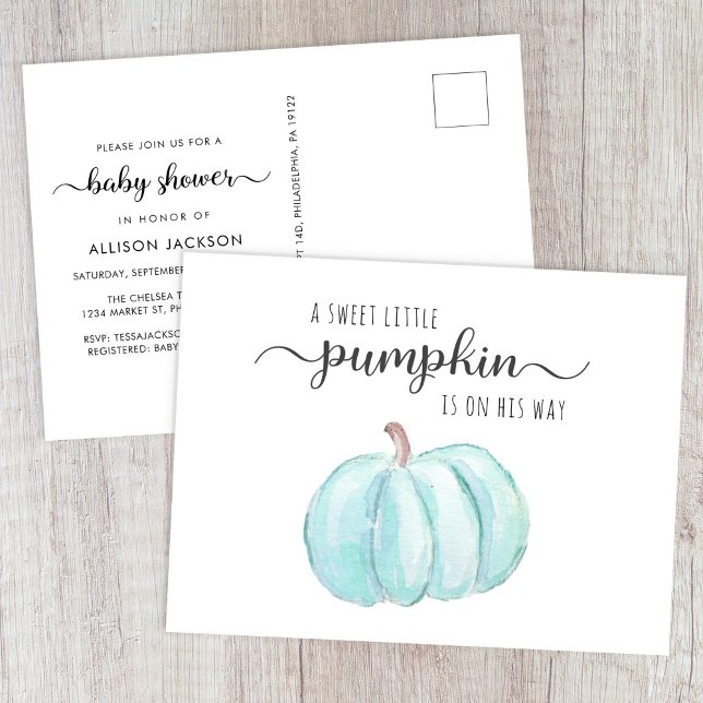 Blue Pumpkin Watercolor Baby Boy Dusche Einladungspostkarte (Von Creator hochgeladen)