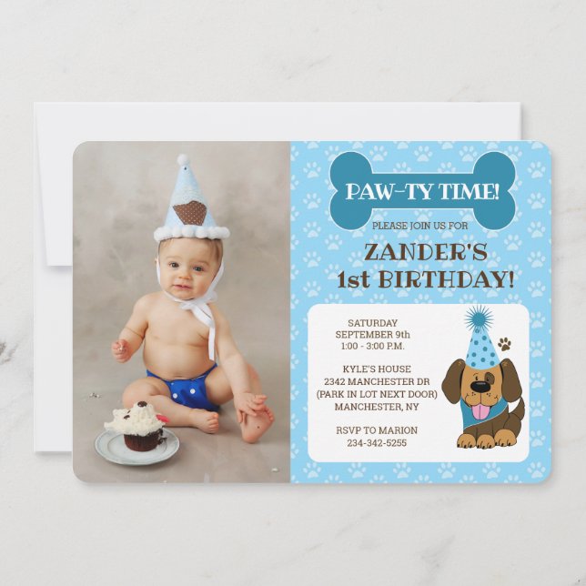Blue Puppy Dog Foto Paw-ty Einladung (Rückseite)