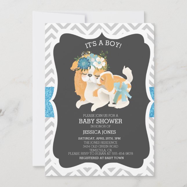 Blue Puppy Dog Mama Glitzer Zickzack Baby Dusche Einladung (Vorderseite)