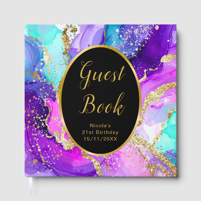 Blue, Purple and Gold Ink Birthday Party Gästebuch (Vorderseite)