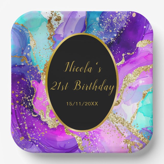 Blue, Purple and Gold Ink Birthday Party Pappteller (Vorderseite)