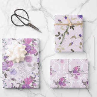 BLUE & PURPLE BLUMEN & PLAIDS GESCHENKPAPIER SET