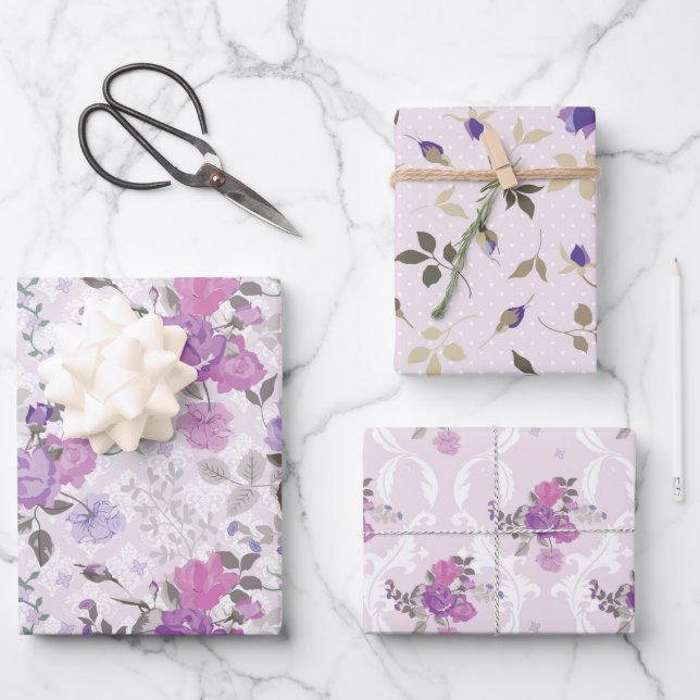 BLUE & PURPLE BLUMEN & PLAIDS GESCHENKPAPIER SET (Vorderseite)