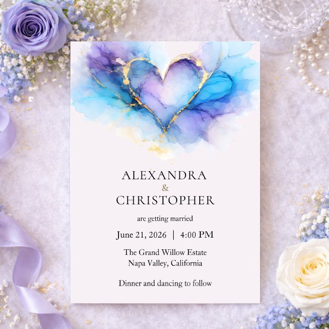Blue Purple Gold Abstract Heart Wedding Invitation (Créateur téléchargé)